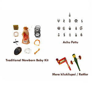 Baby Products Combo Pack (Newborn Baby Kit + Achu Pottu + Wooden Rattlers)
